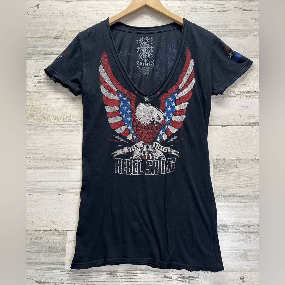 Rebel Saints VNeck Tee Eagle America USA Graphic Bling Top‎ Size Medium TShirt